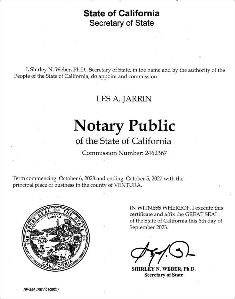 California Secretary of State Notary Public Commission Certificate for Les A. Jarrin, Commission Number 2462367, issued by Shirley N. Weber Ph.D., valid through October 5, 2027